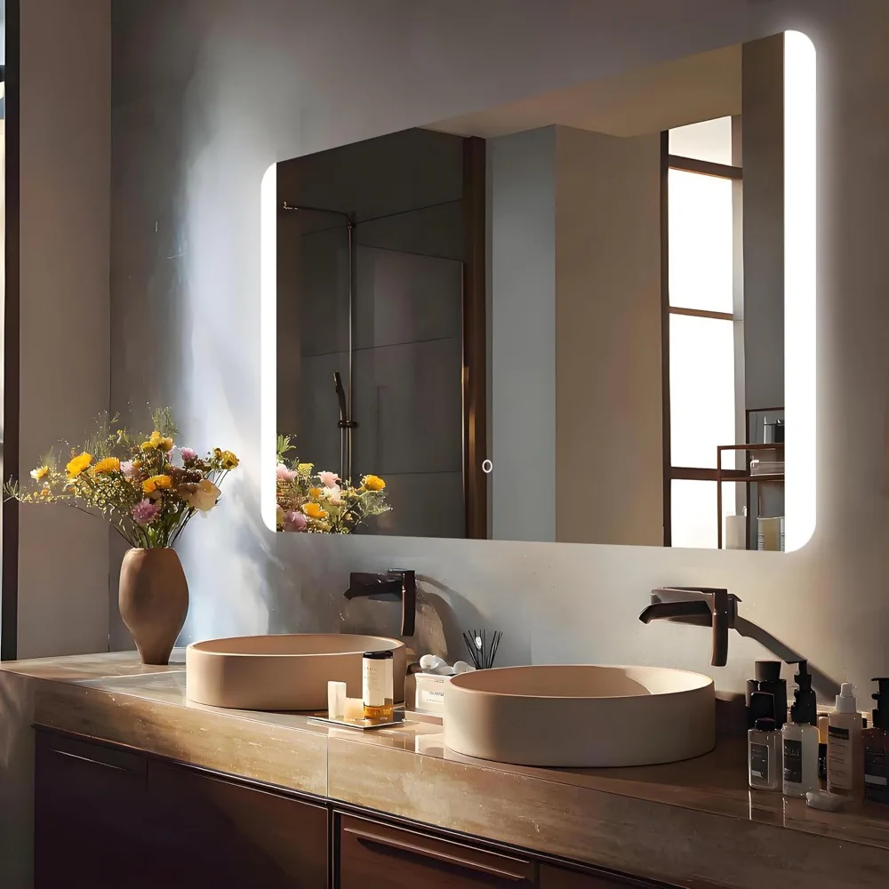 Espejo de baño LED retroiluminado rectangular con esquinas redondeadas, espejo de tocador sin marco regulable e resistente a roturas