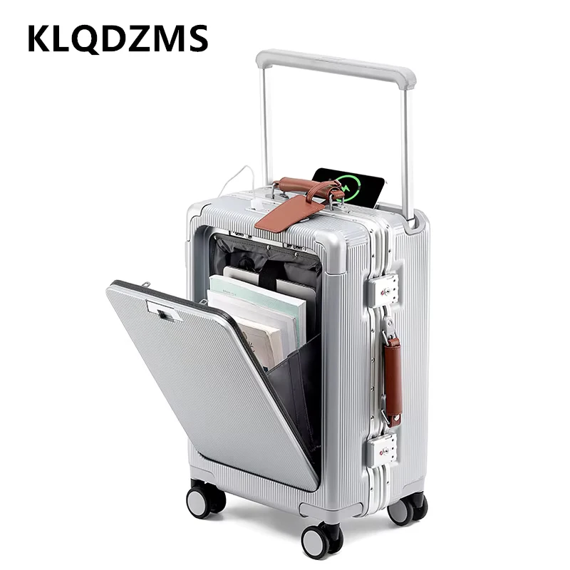 

KLQDZMS Laptop Luggage Front Opening Boarding Case USB Charging Trolley Case 20"24"26 Inch Ladies Carry on Travel Suitcase