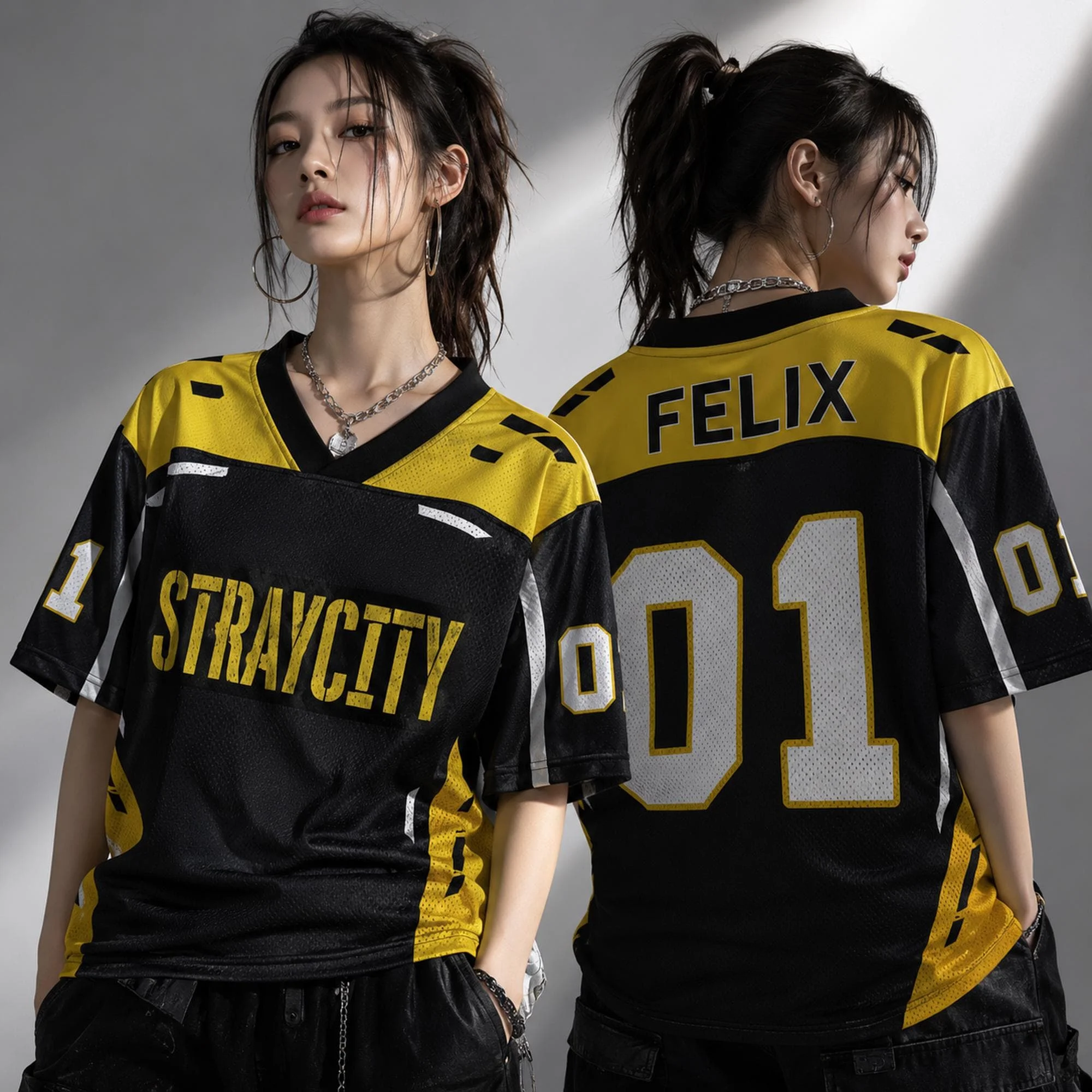 Stray City Felix 01 V Neck Sports Jersey Black Yellow Short Sleeve Tee Unisex Oversized Kpop Fan Concert Quick Dry Casual Top