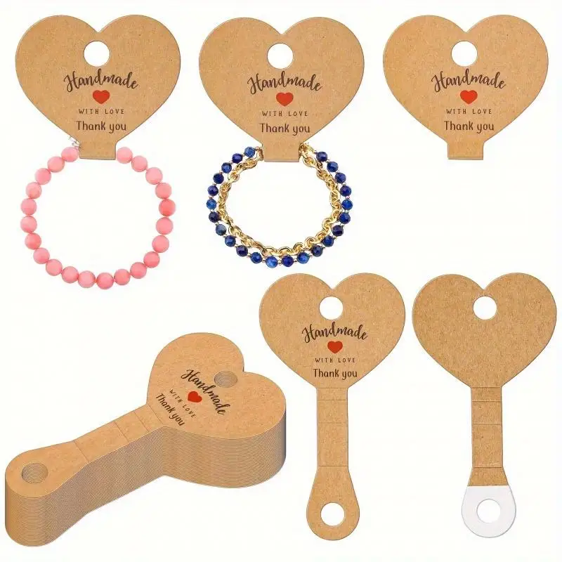 100pcs Fashionable Multi Style Leather Paper Jewelry Labels with Adhesive Heart Shaped Necklace Display Card for Small Business