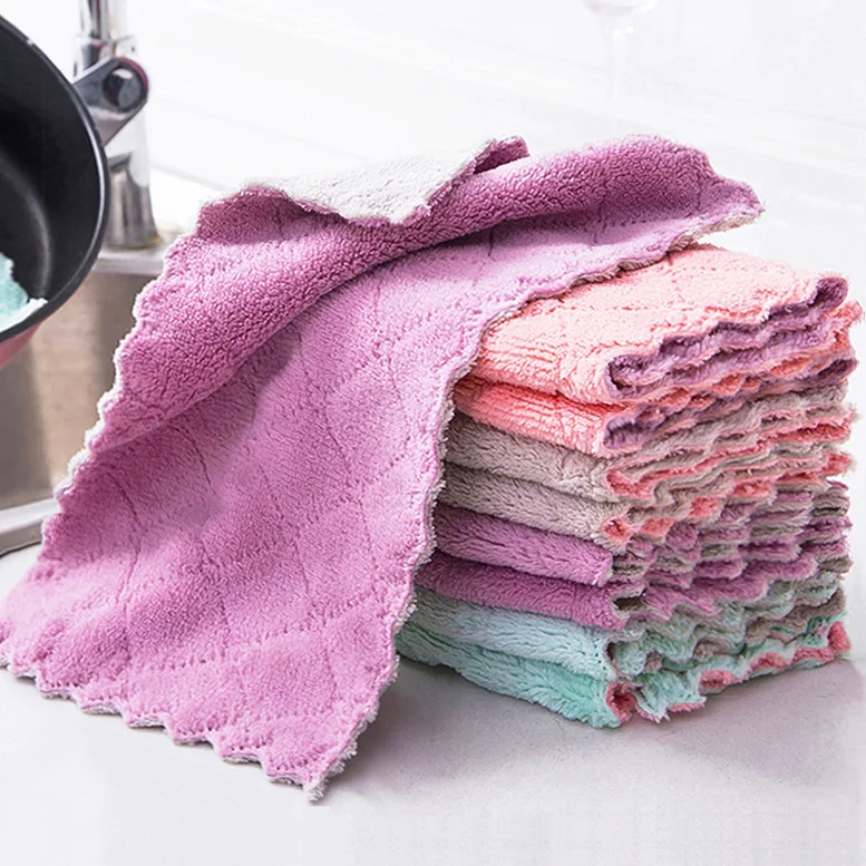 5/10pcs Double-layer Microfiber Towel Super Absorbent Coral Fleece Cleaning Cloths Kitchen Non-stick Oil Dishcloths Scouring Rag