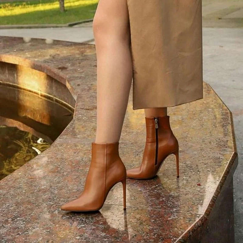 Brown Mid Calf Zipper Boots Thin High Heel Pointed Toe Fashionable Sexy Cool Winter Big Size Woman Shoes Zapatillas Mujer