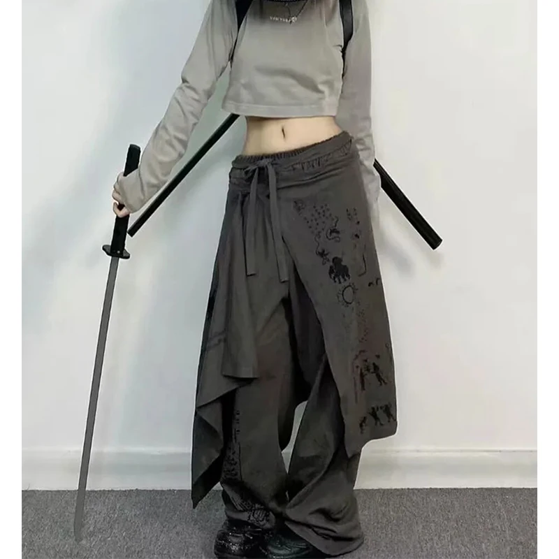 MEXZT Y2K Print Irregular Wide Leg Pants Women Harajuku Fake Two-Piece Trousers Japanese Streetwear Punk Patchwork Casual Pants