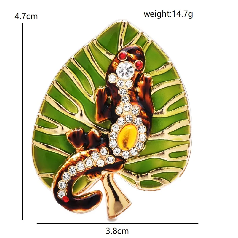 Wuli&baby Cute Gecko And Leaf Brooches For Women Unisex Interesting Enamel Lizard Stay Plants Party Casual Brooch Pins Gifts