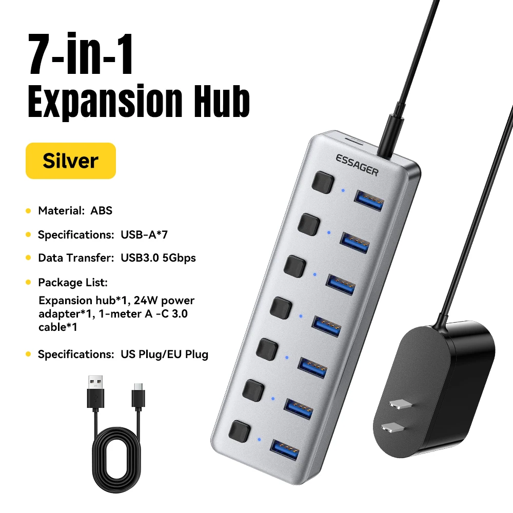 Essager 7-in-1 USB Hub 3.0 Multi-poort Expander 5Gbps Splitter Adapter met 24W oplader, compatibel met MacBook Pro, Mac laptops en pc's
