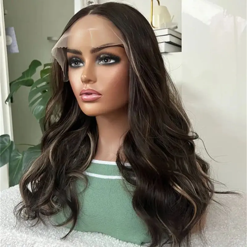 أومبير بني داكن مع خطوط شقراء الاصطناعية HD الدانتيل شعر مستعار أمامي شعر مستعار واقعي عالية 20 بوصة متوسطة طويلة شعر مستعار الجسم موجة