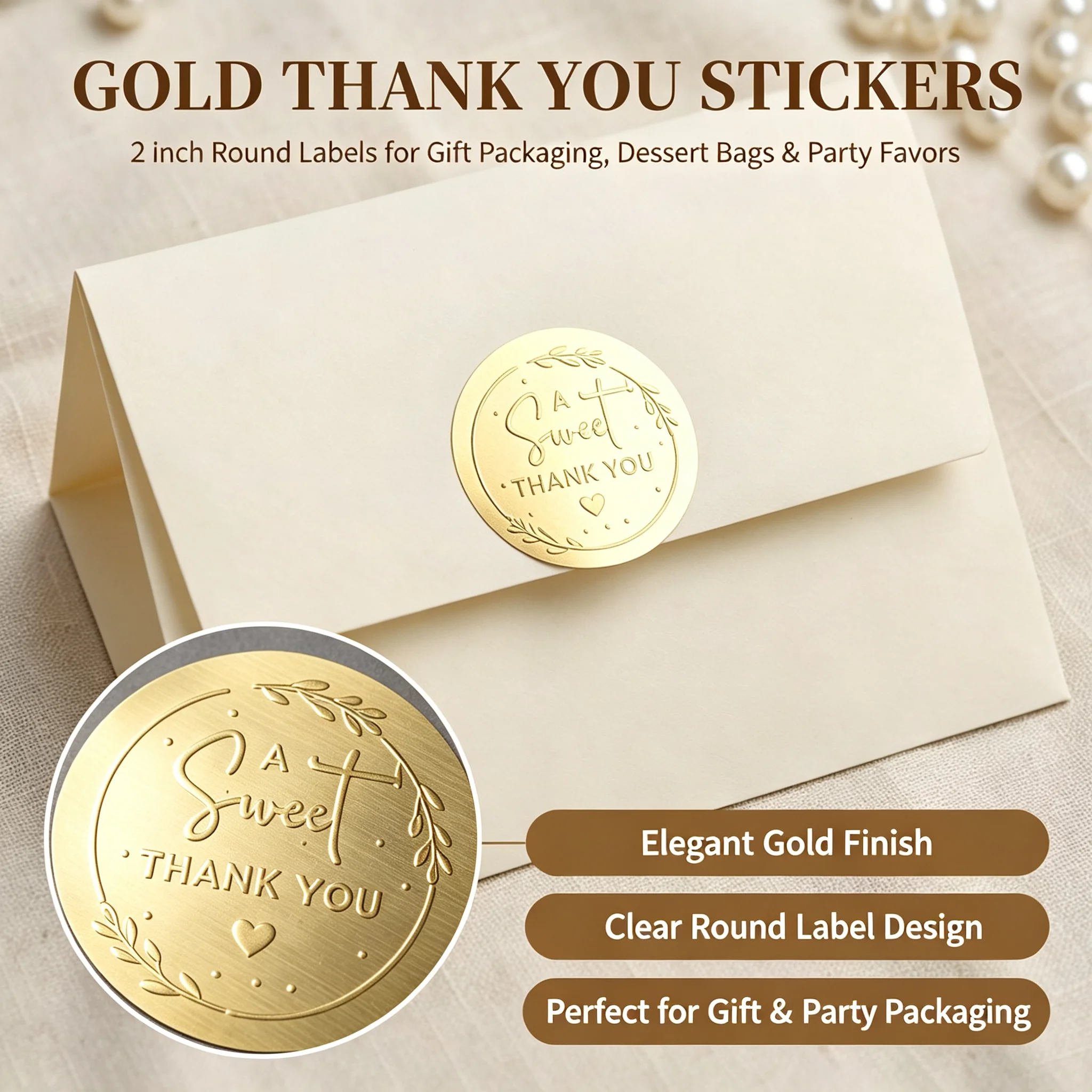 50 Sheets Gold Thank You Stickers Round Disco Style Thank You Label Tags for Gift Package Dessert Bag Wedding Party Decoration