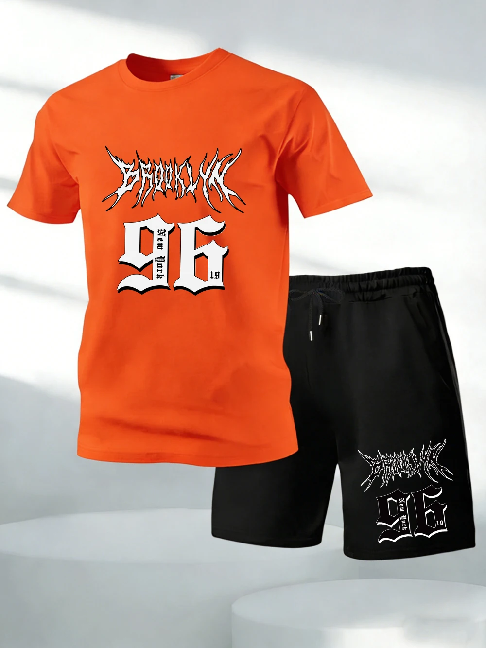 

Two Pieces Set Brooklyn Artistic 96 Printing Cotton Tops Shorts Mens Oversized Soft O-Neck T-Shirts Pocket High Waisted Pants