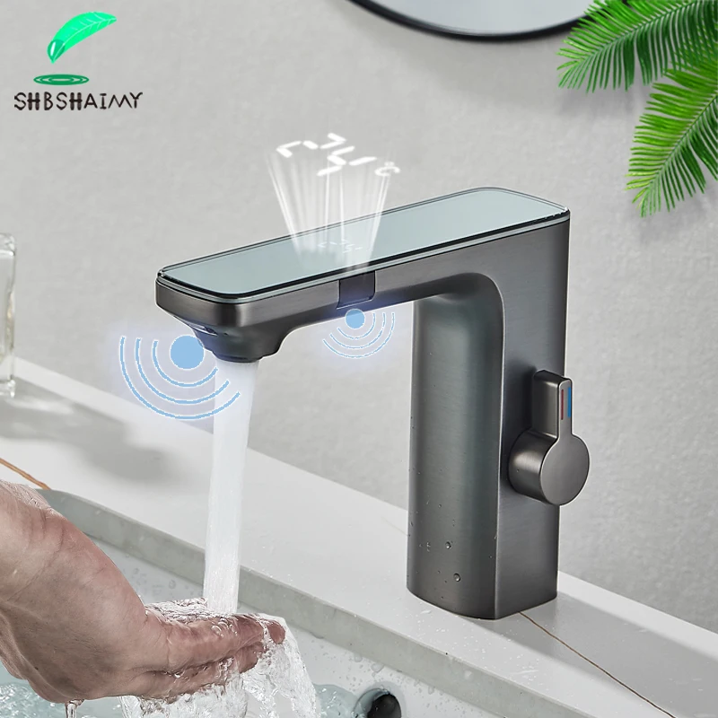 Grifo de lavabo con Sensor inteligente gris, pantalla de visualización Digital, grifo mezclador de agua fría y caliente, grifo sin contacto para lavabo de baño