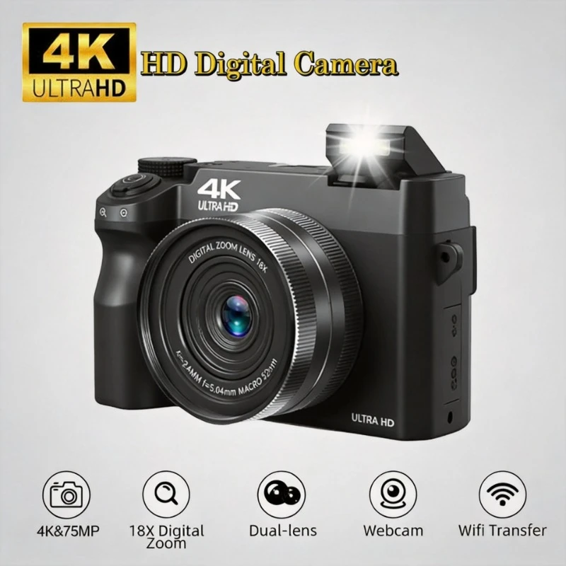 

4K HD Digital Camcorder, 75MP Dual Cameras, 18X Zoom, 3.0 Inch Screen, AF Autofocus, Anti-Shake with Flashlight, Professional