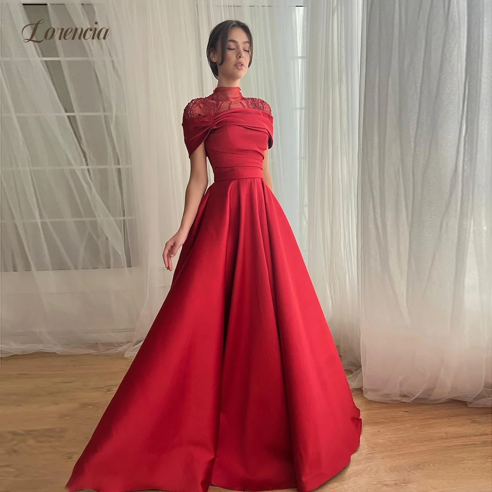 Lorencia Off Shoulder Red Satin Maxi Evening Dresses Customized Beaded Sheer Neckline A-Line Prom Gowns Formal Party Dresses