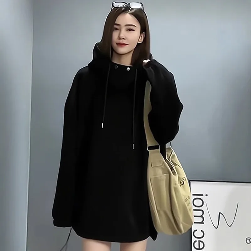 Autumn and winter fashion new black hooded loose slimming plus velvet sweatshirt long sleeved women's pullover top