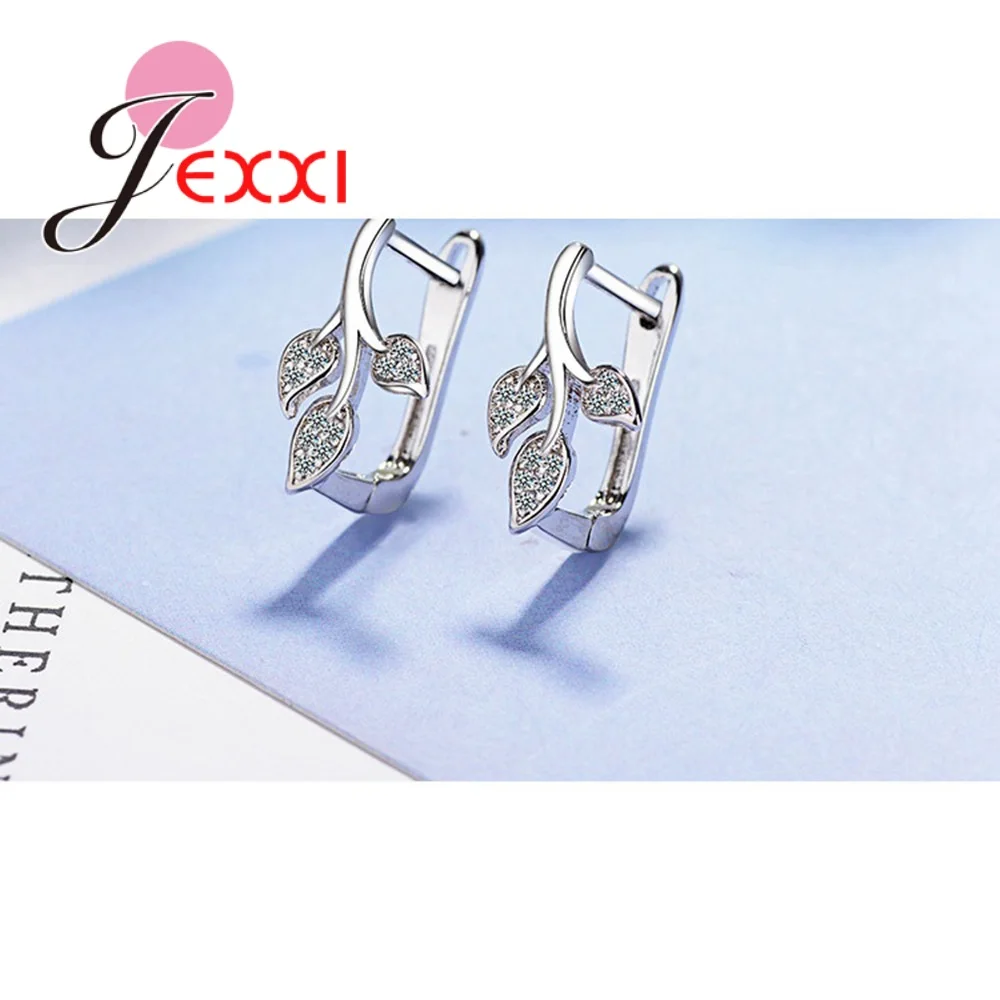 Leaves Shape Original 925 Sterling Silver Color Hoop Earrings Paved With Small Sparkling Crystals In The Front Fashion Jewelry