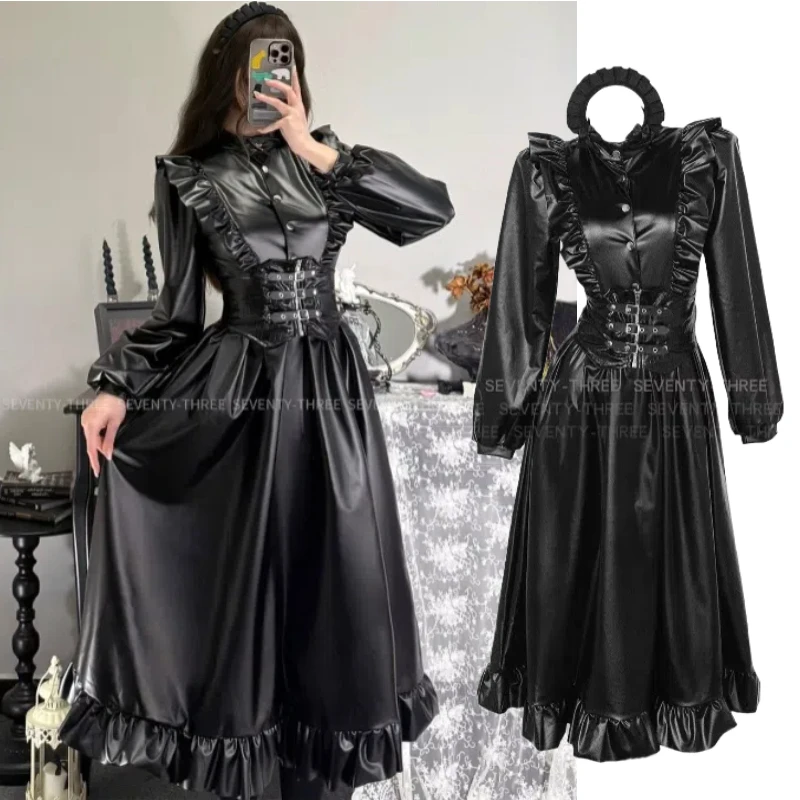

Women Dark Maid Cosplay Costume PU Leather Uniform Long Dress Headwear Veil Suit for Halloween Carnival Party Roleplay Outfits