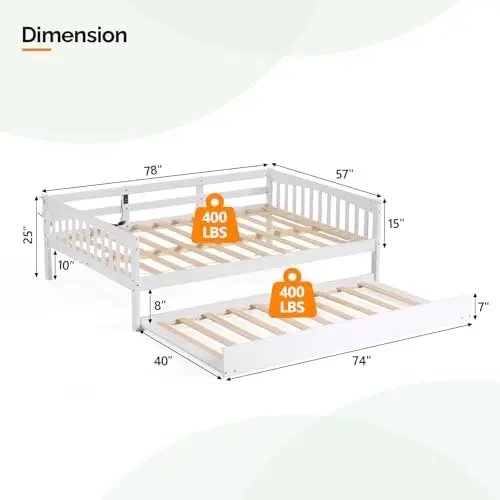 Solid Wood Full Daybed with Trundle Bed Twin，Day Bed Frame with Charging Station and Lights, Sturdy Wooden Slats