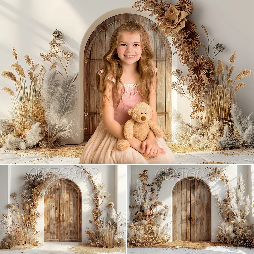 

Fall Photography Backdrop Arched Wooden Door Decorated Dried Flowers Leafs Beige Boho Style Background Photo Studio Photo-call