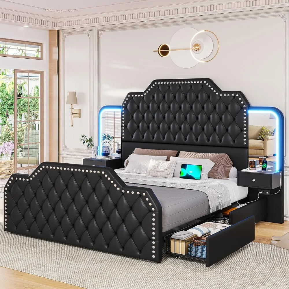 

53” Tall Platform Bed Frame, PU Leather Upholstered Full Bed Frame with Deep Button Tufted Headboard and Built, Black