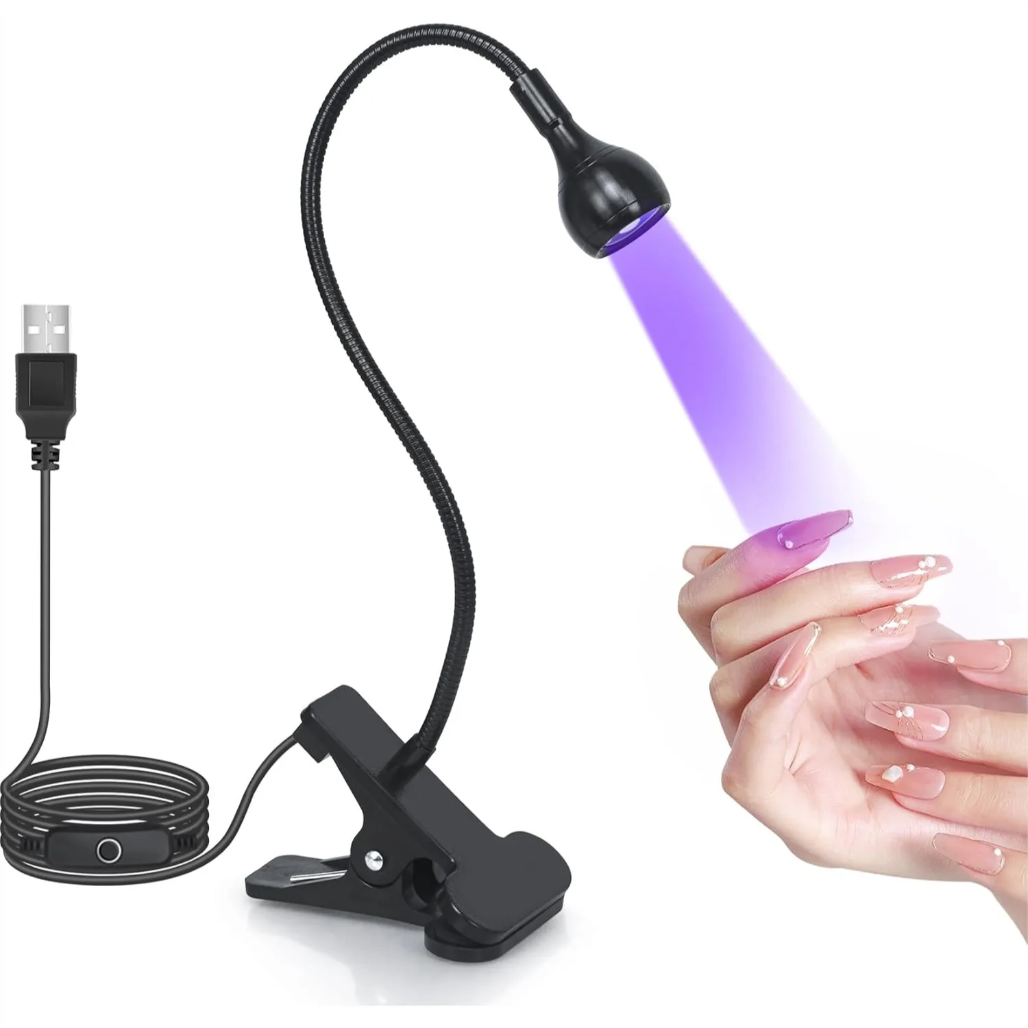

UV Nail Lamp with Gooseneck, 4 Levels Dimming Black Light for Gel Nails, USB Powered Portable Manicure Dryer with Clamp