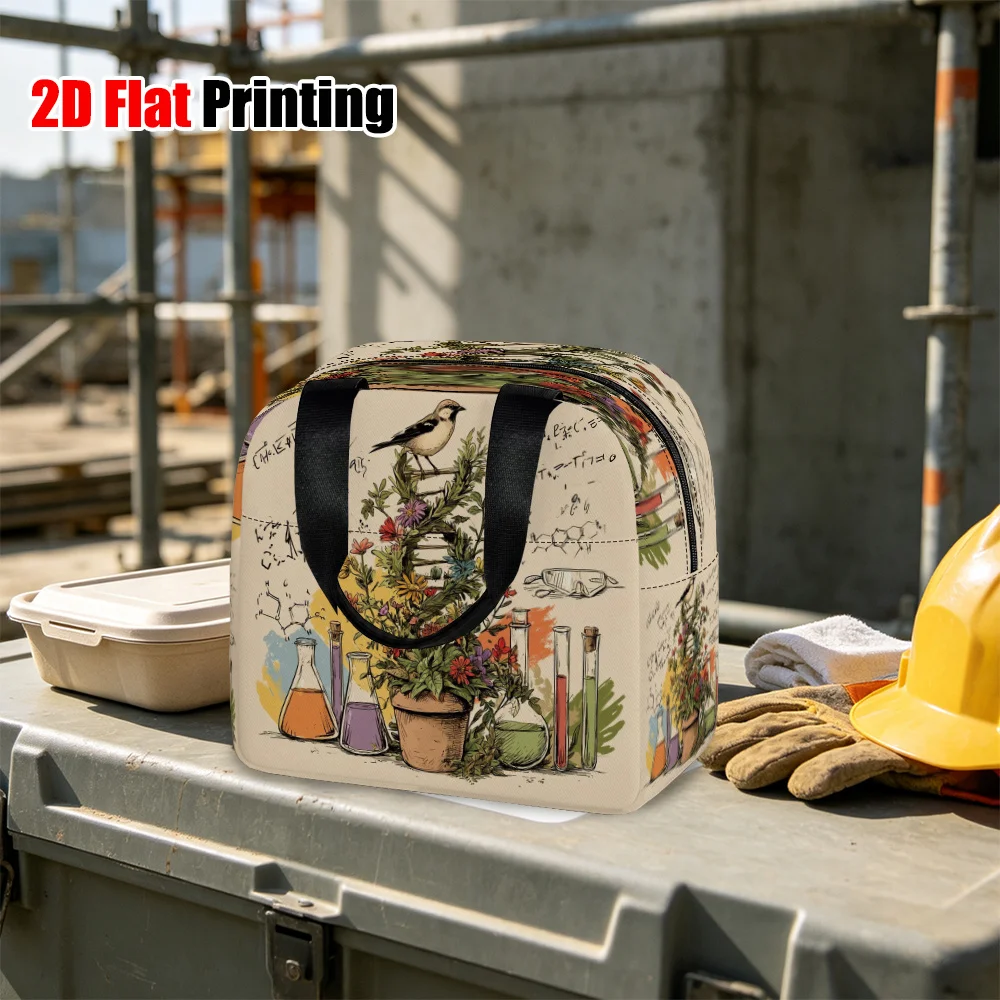 2D Flat, 1pc Insulated Lunch Bag, Floral DNA Science Pattern, Non-Food Contact, Large Capacity Reusable Lunch Tote