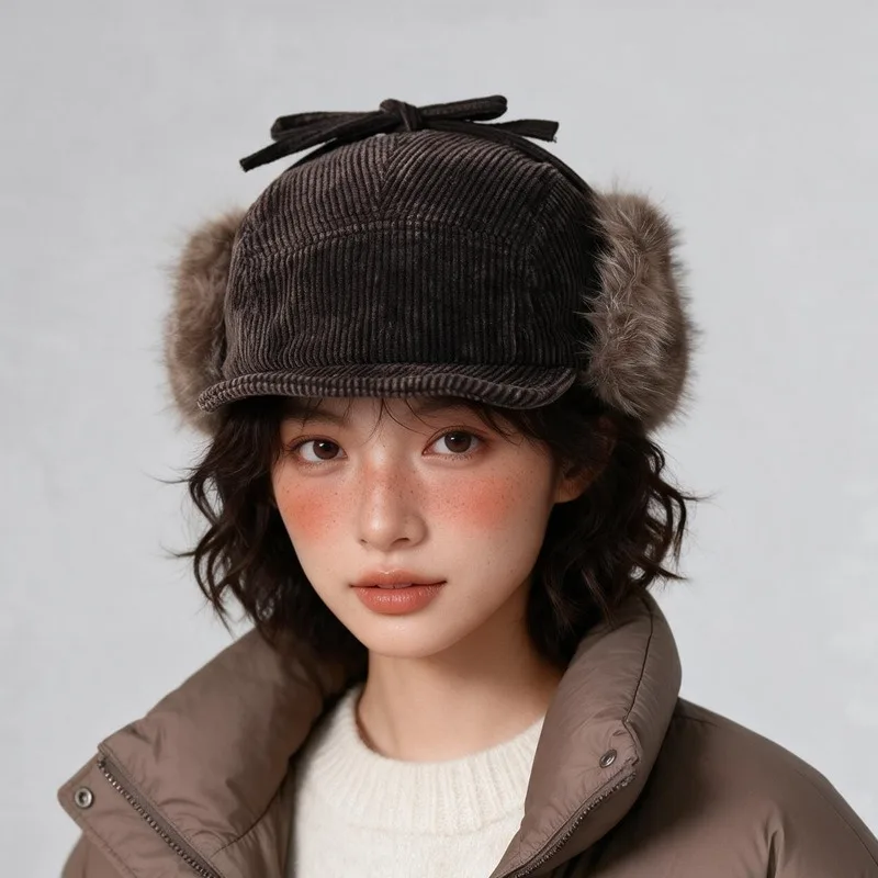 Retro Vintage Corduroy Soft Brimmed Five Panel Baseball Cap for Men and Women Winter Thick and Warm Ear Protection Pilot Hat