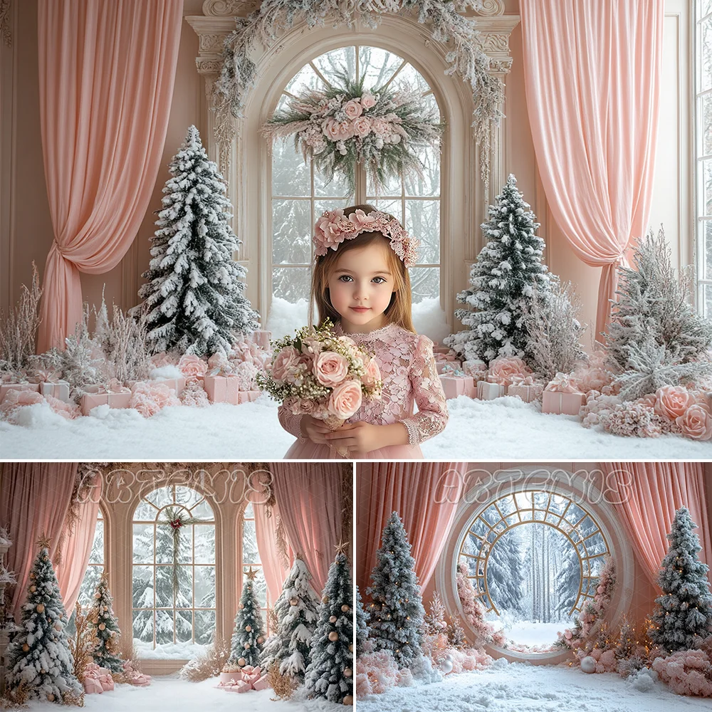 

Christmas Photography Backdrop Arched Window Christmas Trees Garlands Pink Curtains Cake Smash Background Photo Studio Photocall