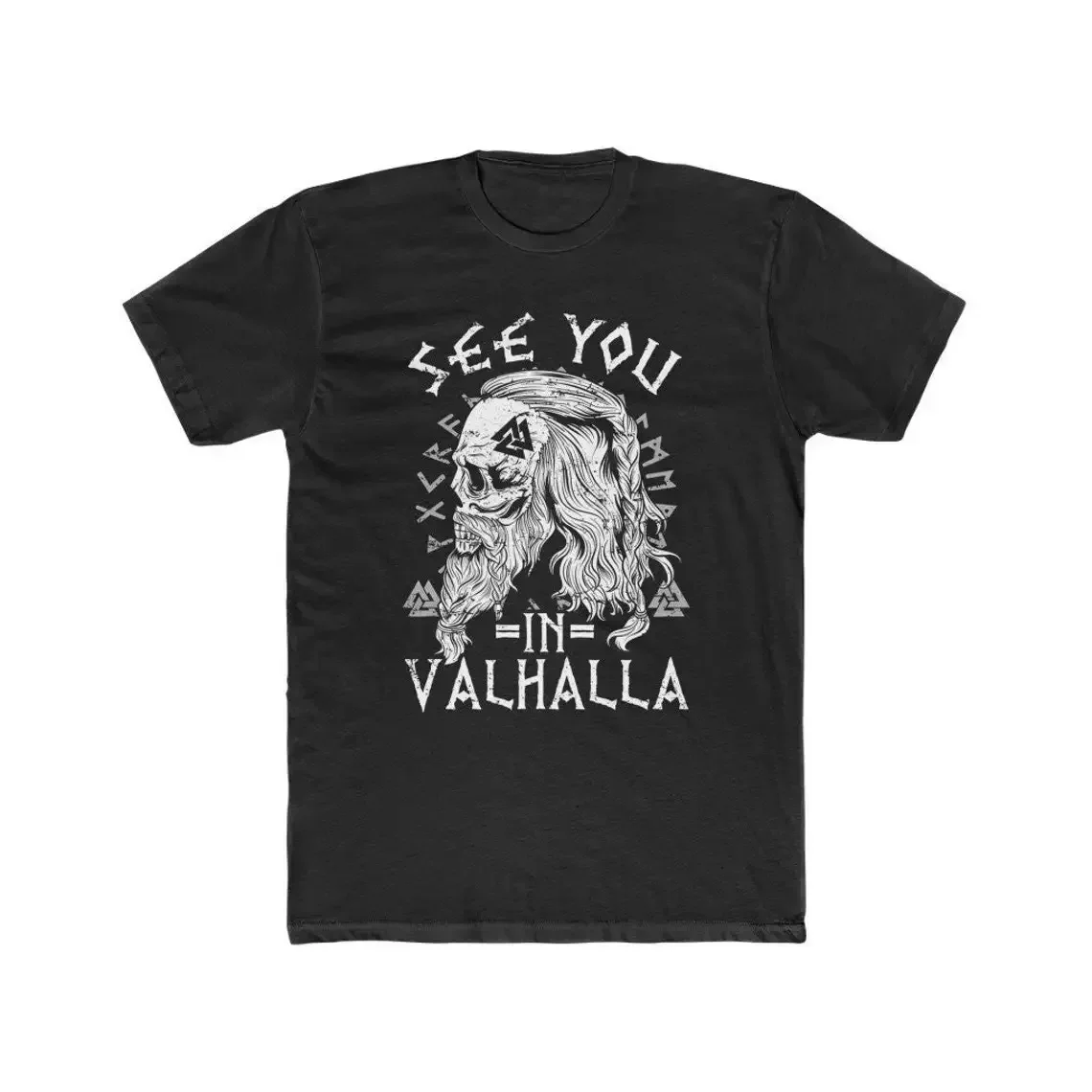 100% Cotton O-Neck Short Sleeve Casual Mens Norse Pagan Rune Crewneck Round Neck You in Valhalla Nordic Warrior Skull T-Shirt