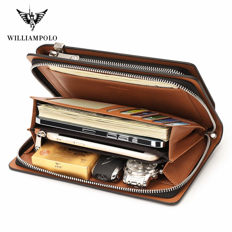 WILLIAMPOLO Men\'s Wallet Double Zipper Business Luxury Clutch Bag Leather Wallet Organizer Big Capacity Passport Cover Male