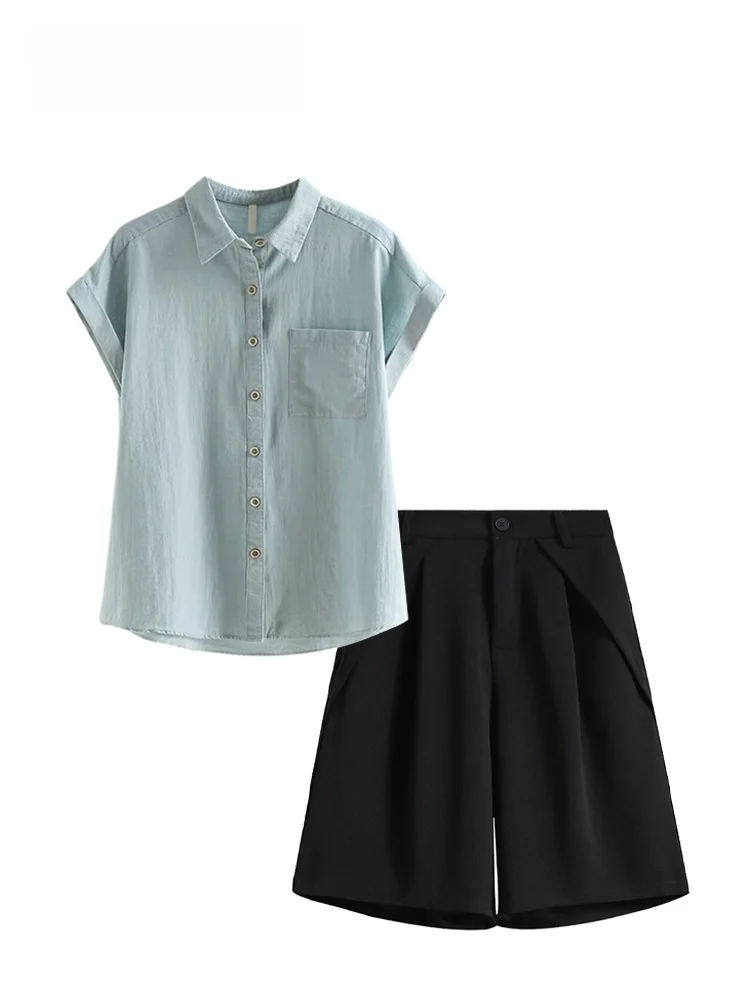 

Summer Fashionable Short Sleeve College Style Set for plus Size Women Elegant Quality Cotton Pants And Shirt Pear Shape Fit