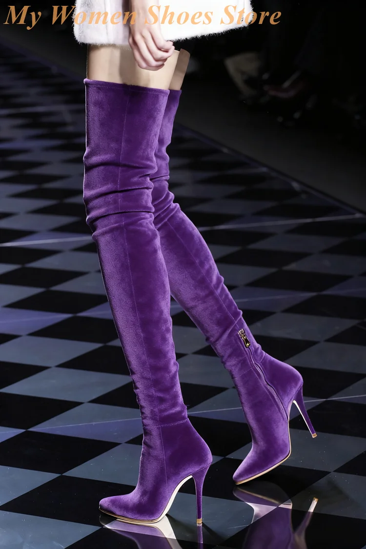 سليم الجلد المدبوغ الفخذ أحذية عالية سستة خنجر رقيقة عالية الكعب مثير مدبب تو فوق الركبة النساء فستان أحذية اليدوية