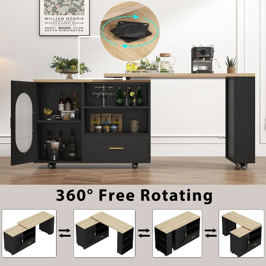 72 جزيرة المطبخ المتداول مع الجلوس 360 طاولة دوارة جزيرة المطبخ مع خزانة تخزين أرفف أدراج مزرعة متنقلة Isl