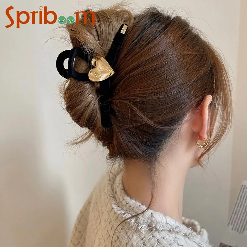 Pinza de pelo de terciopelo negro con diamantes de imitación para mujer, pinzas de garra para el cabello, horquilla de gran tamaño, accesorios