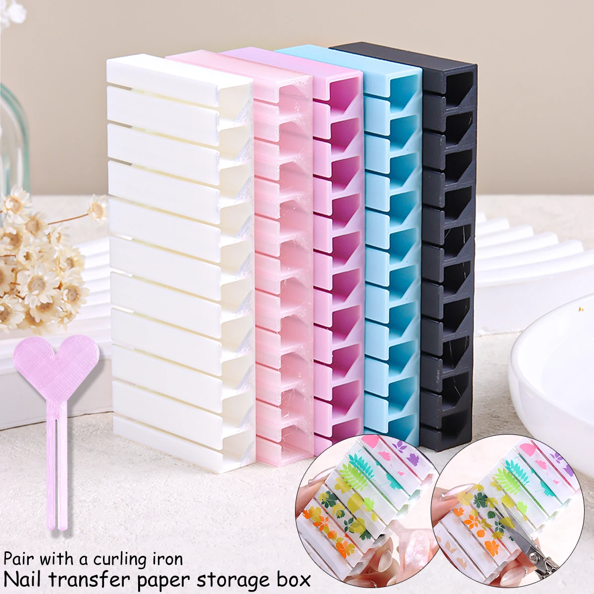 Nail Art Transfer Foil Storage Box; Holds 10 Rolls and Includes Dispensing Rods; a Compact, Convenient desktop Organizer.