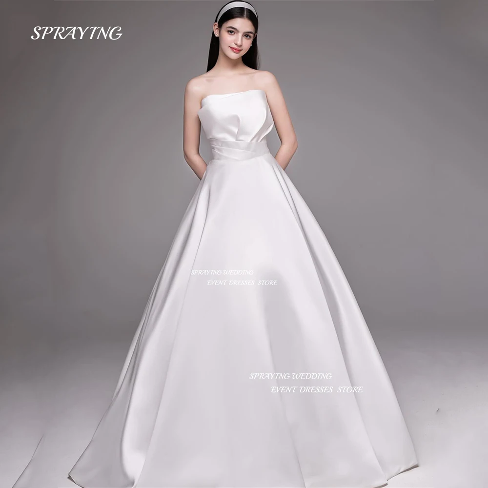 

SPRAYING Korea Strapless A Line Wedding Dress Soft Satin Sleeveless Bridal Dresses Pleats Sweep Train 웨딩드레스 Photo Shoot