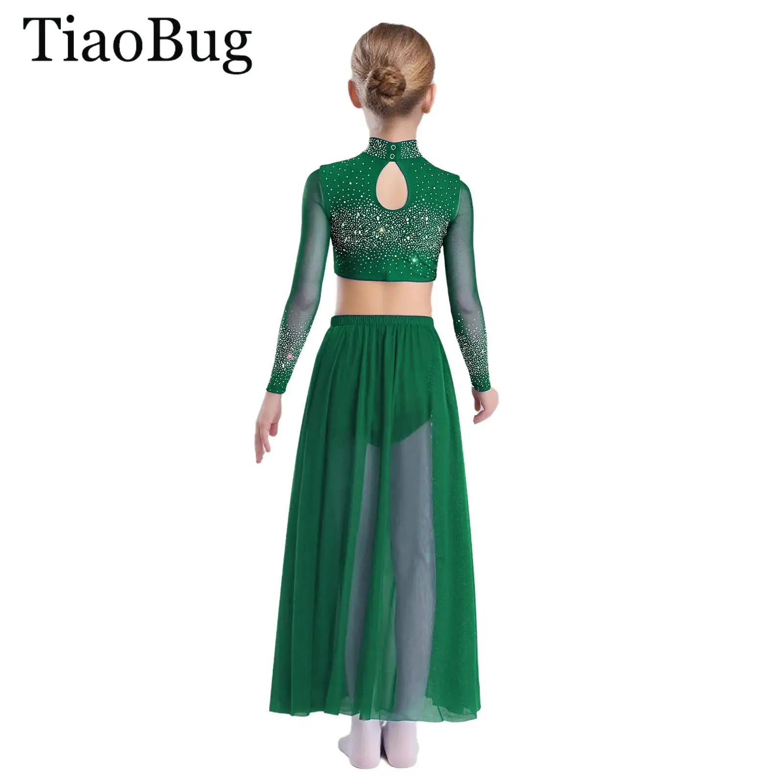 

Girls Lyrical Dance Outfit Long Sleeve Rhinestone Crop Top with Sheer Mesh Skirt Set Contemporary Skating Ballet Jazz Dancewear