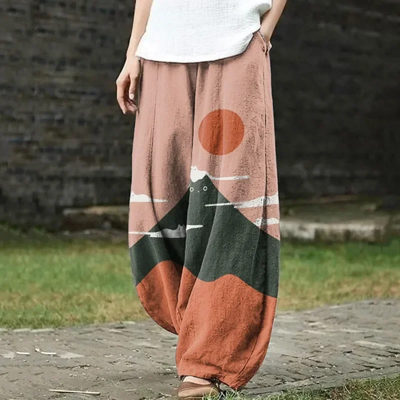 Cat Mountains Landscape Sunrise Japanese Art Vintage Pants Harajuku Baggy Lantern Trousers Elegent Boho Floral Wide Leg Pants