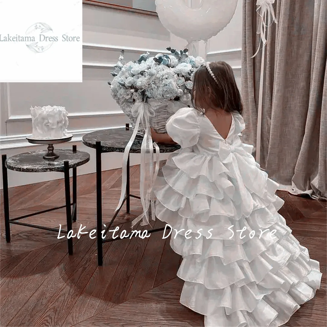 Vestido de cetim puffy menina com laço, florista em camadas, festa de aniversário, princesa, concurso, vestido de primeira comunhão, casamento infantil