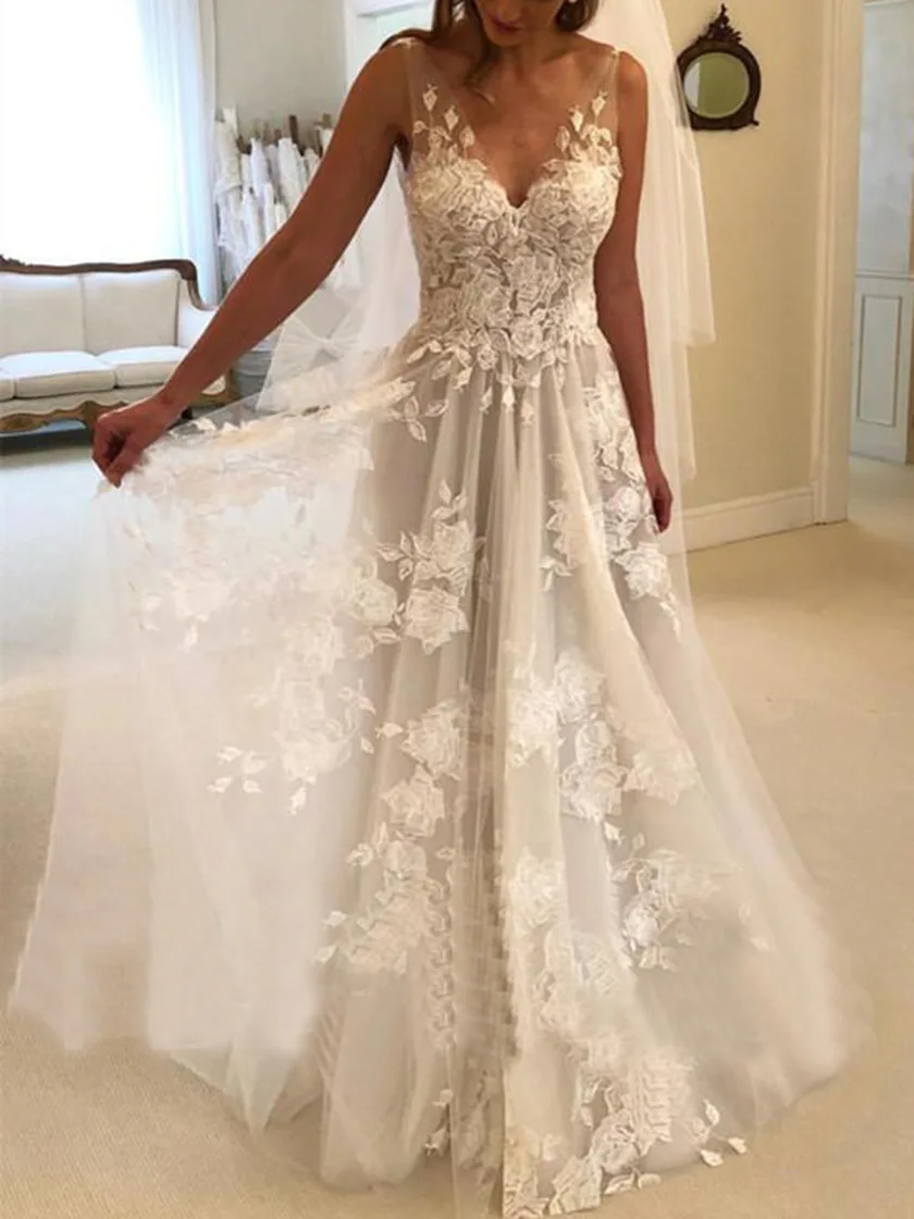 

GUXQD V-Neck Wedding Dresses A-Line Vestido De Noiva Fashion Strap Lace Tulle Princess Bride Dress Formal Robe De Mariee