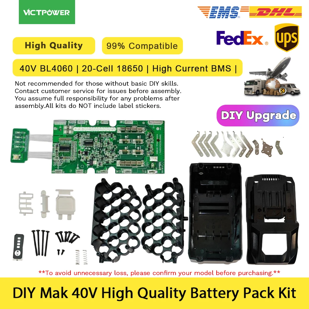 

Комплект корпуса аккумуляторной батареи для Mak 40V XGT BL4060 BL4050, 6.0Ач, 10S2P, 20 ячеек 18650, с высокотоковой BMS, на замену