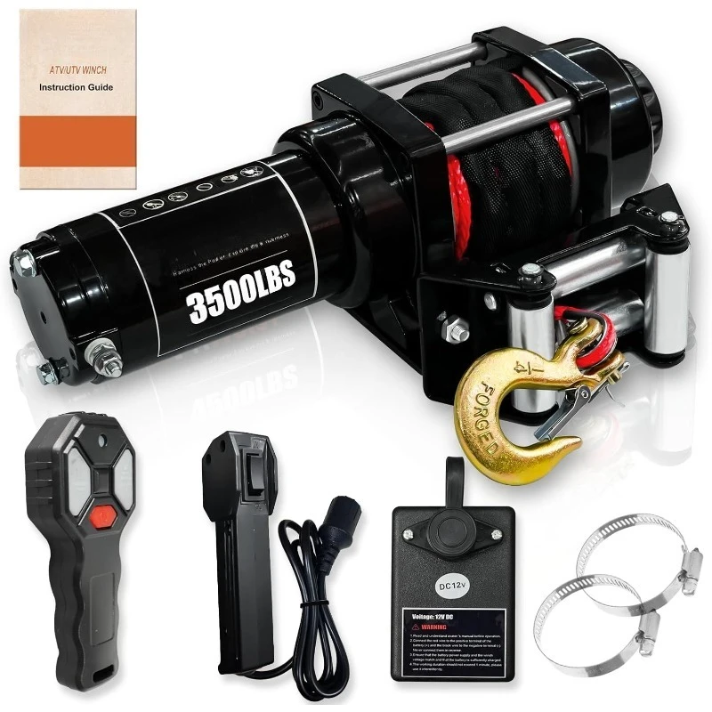 ونش ATV بوزن 3500 رطل مع حبل صناعي أحمر - ونش كهربائي IP68 مقاوم للماء 12 فولت لسحب مقطورة القارب