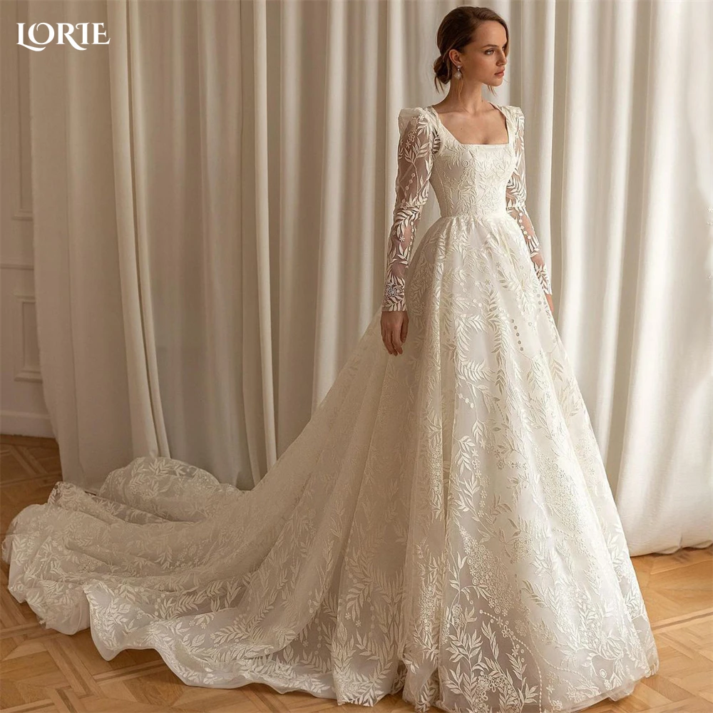 

LORIE Empire Lace Princess Wedding Dresses Cap Sleeves Backelss Square Collar A-Line Bridal Gowns Appliques Vintage Bride Dress