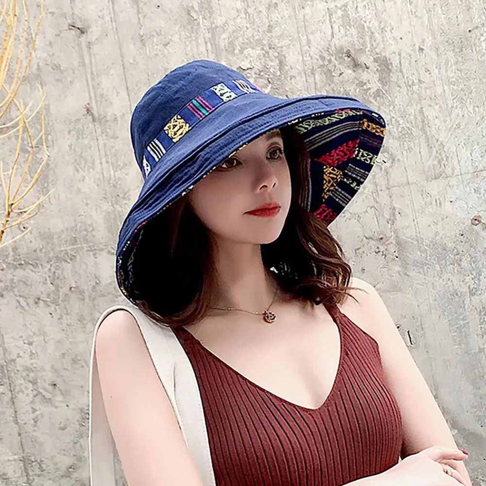 Women Bucket Hats Bohemian Color Patchwork Cotton Large Brim Sun Shade Sunblock Cap Fisherman Hat Outdoor Travel Beach Visor Cap