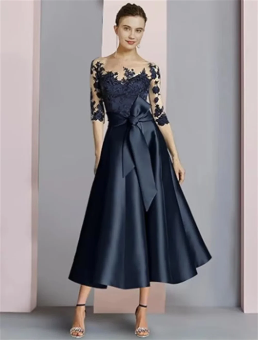 

Women’s 3/4 Sleeves Mother Of The Bride Dresses For Wedding Tea Length Satin Wedding Guest Lace Applique Formal Evening Gowns