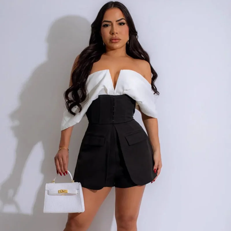 Sexy Off the Shoulder Short Jumpsuit Women Rompers Clubwear Birthday Outfits Corset High Waist One Pieces Combishort Femme