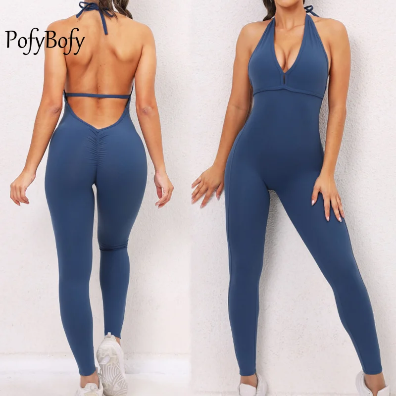 

PofyBofy V Back Scrunch Butt Built in Bras Scoop Neck Tie Seamless Sleeveless Bodysuit Yoga Fitness Leggings Workout Jumpsuits