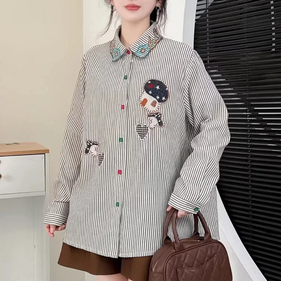 

Japanese Mori Girl Vintage Striped Embroidery Cotton Shirts Women Spring Autumn Turn Down Collar Long Sleeve Casual Loose Blouse
