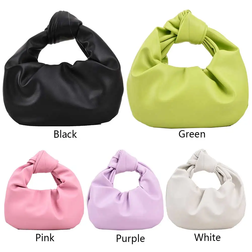 

Women Small Knotted Handbags Solid Color PU Leather Knot Top Handle Bag Simple Cloud Wrist Bag for Outdoor Travel