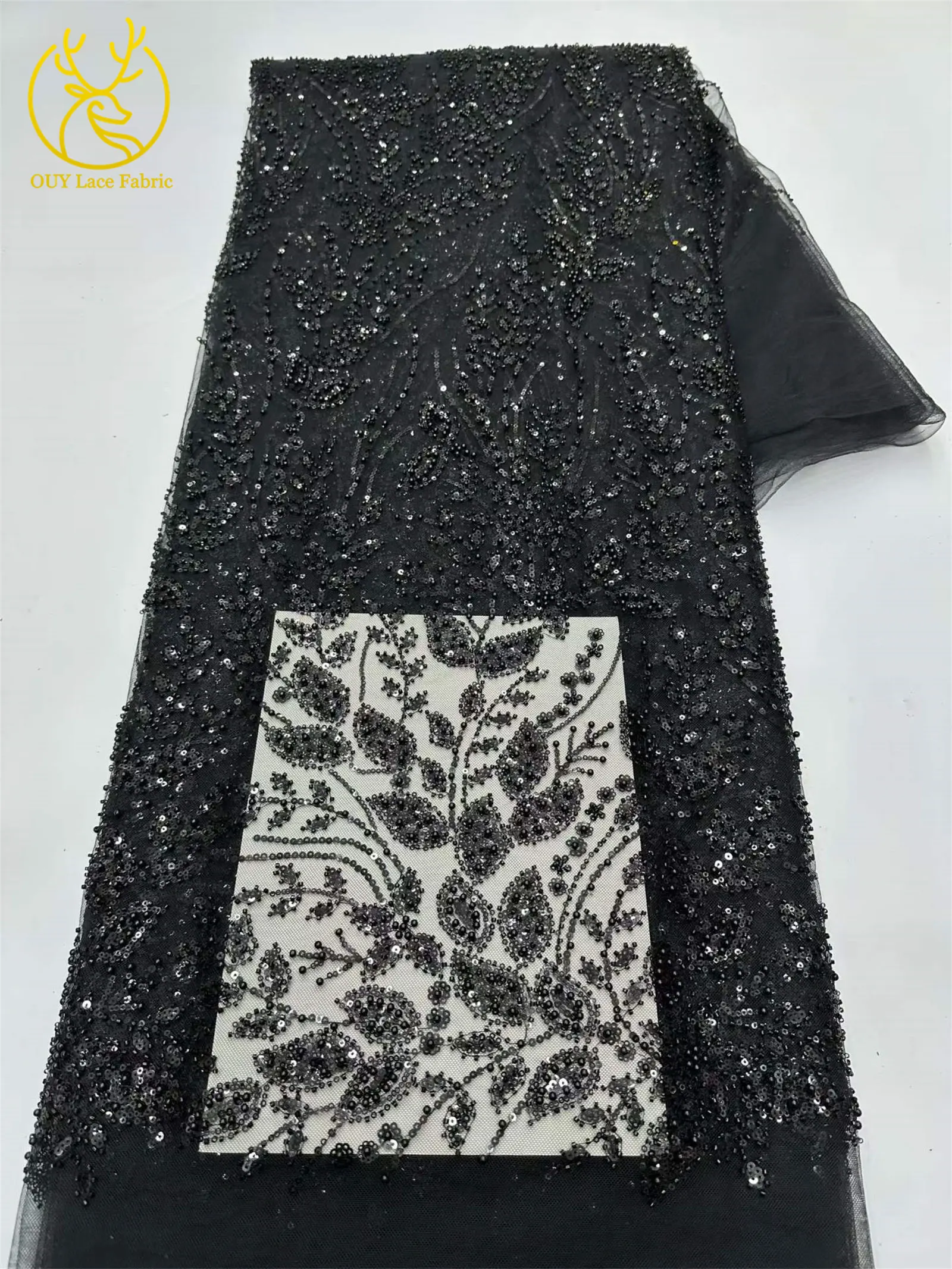5 Yards grüner afrikanischer Spitzenstoff, hochwertige französische Pailletten, Perlenstickerei, Tüllspitze für nigerianische Frauen, Abendkleid – Detail 9