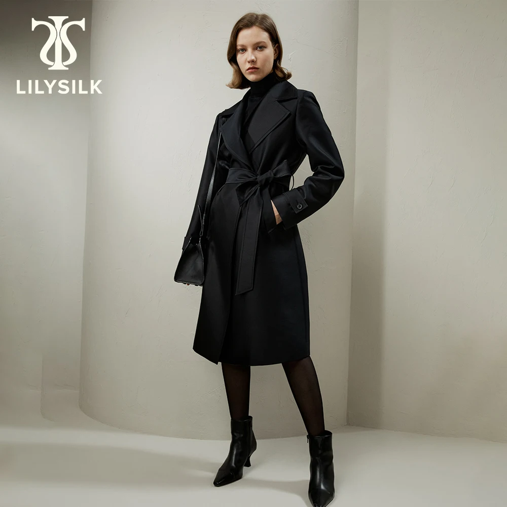 LILYSILK Silk Wool Mixed Women\'s Trenchcoat with Belt 2023 Fall New Long Turn Down Collar Button Design Clothing Free Shipping