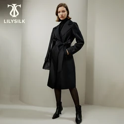 LilySilk-女性用混紡コート,ベルト付き,ロング,襟付き,ボタンデザインの服,送料無料,2023コレクション