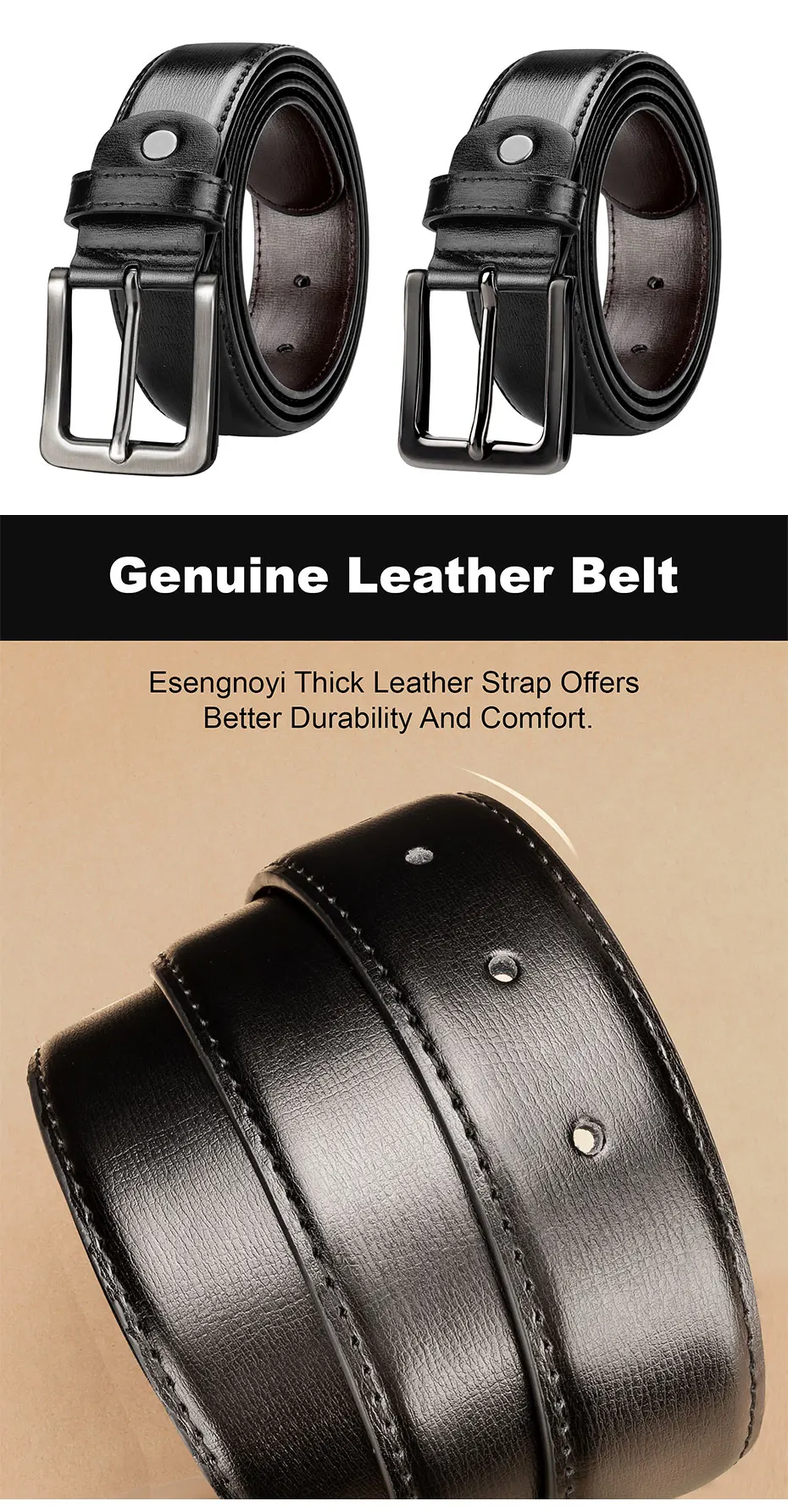 Maikun Herren-Ledergürtel aus schwarzem Leder, Schwarz, für Hosen, klassischer schwarzer Legierungs-Dornschließe, Business-Ledergürtel mit zweiter Schicht – Detail 4